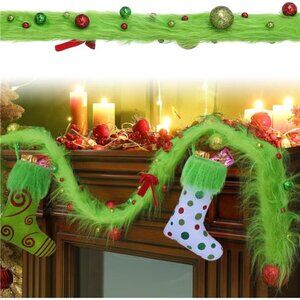 6 Feet Whimsical Christmas Garland Decorations Xmas Green Faux Fur Ribbon Trim